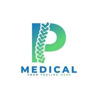lettre p avec le logo de la colonne vertébrale de l'icône. utilisable pour les logos commerciaux, scientifiques, de soins de santé, médicaux, hospitaliers et naturels. vecteur