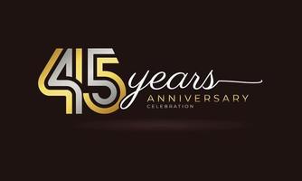 Logotype de célébration du 45e anniversaire avec plusieurs lignes liées couleur argent et or pour l'événement de célébration, le mariage, la carte de voeux et l'invitation isolée sur fond sombre vecteur