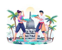 couple heureux éclaboussant de l'eau l'un sur l'autre depuis l'intérieur d'un bol. les gens célèbrent le concept du festival songkran. thaïlande traditionnel jour de l'an. illustration vectorielle de style plat vecteur