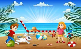 bonnes vacances avec des enfants qui jouent à la plage vecteur