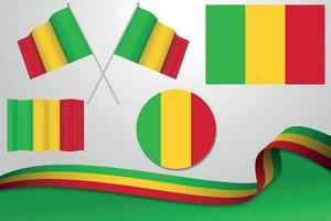 ensemble de drapeaux du mali dans différents modèles, icône, drapeaux écorchés avec ruban avec arrière-plan. vecteur libre