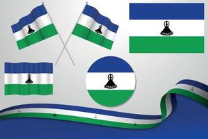 ensemble de drapeaux du lesotho dans différents modèles, icône, drapeaux écorchés avec ruban avec arrière-plan. vecteur libre