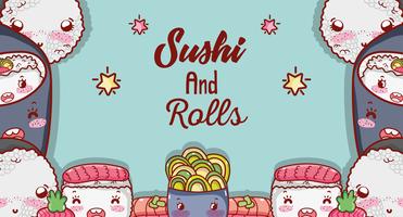 Sushi et rouleaux mignons dessins animés kawaii vecteur