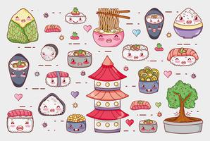 Sushi et rouleaux mignons dessins animés kawaii vecteur