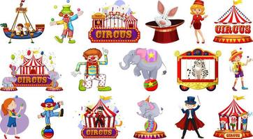 ensemble de personnages de cirque et d'éléments de parc d'attractions vecteur