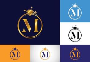 alphabet de lettre monogramme m initial dans un cercle avec diamant. logo de la bague en diamant. concept de conception de logo de bijoux. logo vectoriel moderne pour l'identité de l'entreprise et de l'entreprise.