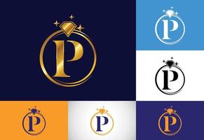 alphabet de lettre de monogramme p initial dans un cercle avec diamant. logo de la bague en diamant. concept de conception de logo de bijoux. logo vectoriel moderne pour l'identité de l'entreprise et de l'entreprise.