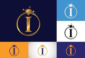 alphabet initial de lettre monogramme i dans un cercle avec diamant. logo de la bague en diamant. concept de conception de logo de bijoux. logo vectoriel moderne pour l'identité de l'entreprise et de l'entreprise.