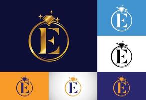 alphabet de lettre monogramme e initial dans un cercle avec diamant. logo de la bague en diamant. concept de conception de logo de bijoux. logo vectoriel moderne pour l'identité de l'entreprise et de l'entreprise.