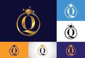 alphabet de lettre monogramme q initial dans un cercle avec diamant. logo de la bague en diamant. concept de conception de logo de bijoux. logo vectoriel moderne pour l'identité de l'entreprise et de l'entreprise.