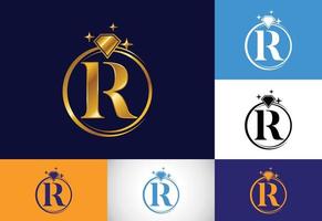 alphabet de lettre monogramme r initial dans un cercle avec diamant. logo de la bague en diamant. concept de conception de logo de bijoux. logo vectoriel moderne pour l'identité de l'entreprise et de l'entreprise.