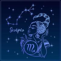 Signe du zodiaque Scorpion comme une belle fille. La constellation du Scorpion. Ciel de nuit. Horoscope. Astrologie. Vecteur. vecteur
