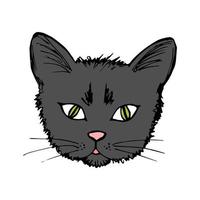 dessin vectoriel simple dessiné à la main. joli visage de dessin animé d'un chat noir gris foncé aux yeux jaune-vert isolé sur fond blanc. pour les imprimés, les autocollants, les t-shirts pour enfants. animal de compagnie préféré.