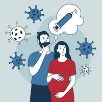 une femme enceinte et un homme pensent à la vaccination. doute sur l'injection. l'effet du médicament sur la grossesse. illustration vectorielle en style cartoon doodle en bleu. notion médicale vecteur