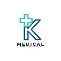 lettre k croix plus logo. style linéaire. utilisable pour les logos commerciaux, scientifiques, de soins de santé, médicaux, hospitaliers et naturels. vecteur