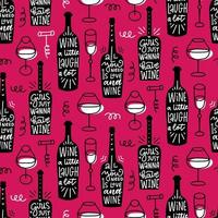 modèle sans couture créatif avec bouteille de vin, verres, tire-bouchon et lettrage drôle de boisson sur fond magenta. concept pour papier d'emballage, cartes. illustration vectorielle dessinée à la main dans un style doodle. vecteur