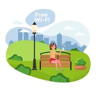 illustration vectorielle de dessin animé à plat - femme sur un banc avec wifi gratuit. parc, arbres et collines en arrière-plan. zone wifi gratuite et affiches web du parc de la ville. femme assise sur un banc avec smartphone vecteur