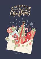 Lettre au Père Noël. carte de noël avec enveloppe ouverte avec boîte-cadeau, arc, canne en bonbon, arbre de noël sur fond sombre. décorations d'ornement de noël. lettrage de calligraphie de vecteur