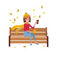 personnage de jeune femme assise seule sur un banc dans le parc d'automne. pause de femme brune dans des vêtements chauds buvant une tasse de café en plein air. personne tenant une boisson chaude et une feuille jaune. dessin animé plat de vecteur