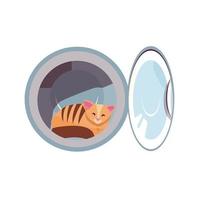 chat dans le tambour de la machine à laver. le chat confortable est méchant. kitty à l'intérieur de la laveuse à linge illustration de vecteur de dessin animé plat isolé sur fond blanc. élément de blague