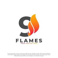 flamme avec logo numéro 9. modèle de logo vectoriel de feu