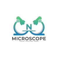 logo du laboratoire. lettre initiale n élément de modèle de conception de logo de microscope. vecteur