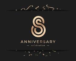 Conception de style de logo de célébration d'anniversaire de 8 ans. joyeux anniversaire salutation célèbre l'événement avec une ligne multiple dorée et des confettis isolés sur une illustration de conception de fond sombre vecteur