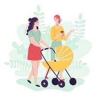 deux jeunes femmes marchant avec des landaus, parlant et souriant. concept de maternité heureuse, amitié féminine, activité avec enfants. illustration vectorielle de dessin animé plat vecteur