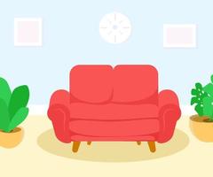 intérieur de maison confortable de canapé rouge, illustration vectorielle de concept plat de dessin animé de salon, forme isolée de salon intérieur de meubles de siège, décoration de conception de maison moderne. vecteur