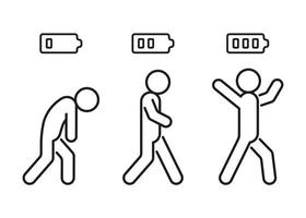 définir le niveau d'énergie personne avec batterie de faible fatigue en pleine icône de ligne heureuse. les personnes à faible charge et manquant d'énergie de la batterie et de signe de puissance humaine forte à haute énergie. épuisement professionnel, stress. vecteur