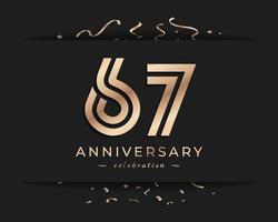 Conception de style de logo de célébration d'anniversaire de 67 ans. joyeux anniversaire salutation célèbre l'événement avec une ligne multiple dorée et des confettis isolés sur une illustration de conception de fond sombre vecteur