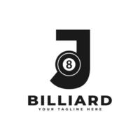 lettre j avec création de logo de billard. éléments de modèle de conception de vecteur pour l'équipe sportive ou l'identité d'entreprise.