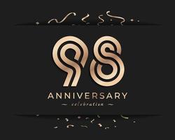 Conception de style de logo de célébration d'anniversaire de 98 ans. joyeux anniversaire salutation célèbre l'événement avec une ligne multiple dorée et des confettis isolés sur une illustration de conception de fond sombre vecteur