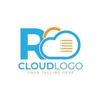 logo de la technologie cloud. lettre initiale r avec nuage et document pour le concept technologique. logiciel de données signe météo vecteur