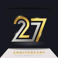Célébration de l'anniversaire de 27 ans avec plusieurs lignes de couleurs dorées et argentées liées pour l'événement de célébration, le mariage, la carte de voeux et l'invitation isolées sur fond sombre vecteur