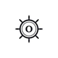 lettre o à l'intérieur du volant du navire et de l'icône de la chaîne circulaire pour l'inspiration du logo nautique vecteur