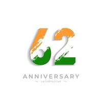 Célébration du 62e anniversaire avec une barre oblique blanche en safran jaune et couleur verte du drapeau indien. joyeux anniversaire salutation célèbre l'événement isolé sur fond blanc vecteur