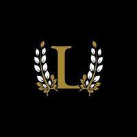 lettre initiale l monogramme lié logo couronne de laurier doré. design gracieux pour restaurant, café, nom de marque, badge, étiquette, identité de luxe vecteur