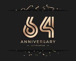 Conception de style de logo de célébration d'anniversaire de 64 ans. joyeux anniversaire salutation célèbre l'événement avec une ligne multiple dorée et des confettis isolés sur une illustration de conception de fond sombre vecteur