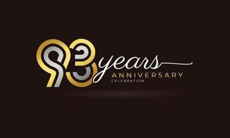 Logotype de célébration du 93e anniversaire avec plusieurs lignes liées couleur argent et or pour l'événement de célébration, le mariage, la carte de voeux et l'invitation isolés sur fond sombre vecteur