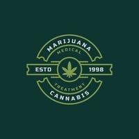 insigne rétro vintage pour marijuana cannabis chanvre pot feuille thc cbd santé et thérapie médicale logo emblème symbole de conception vecteur