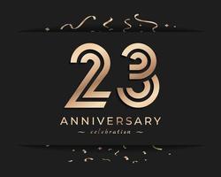 Conception de style de logo de célébration d'anniversaire de 23 ans. joyeux anniversaire salutation célèbre l'événement avec une ligne multiple dorée et des confettis isolés sur une illustration de conception de fond sombre vecteur