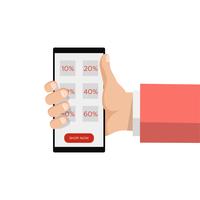 Vente en ligne, main sur smartphone, message d&#39;étiquette de réduction vecteur