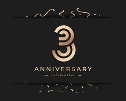 Conception de style de logo de célébration d'anniversaire de 3 ans. joyeux anniversaire salutation célèbre l'événement avec une ligne multiple dorée et des confettis isolés sur une illustration de conception de fond sombre vecteur