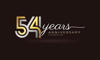 Logotype de célébration du 54e anniversaire avec plusieurs lignes liées couleur argent et or pour l'événement de célébration, le mariage, la carte de voeux et l'invitation isolée sur fond sombre vecteur
