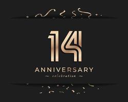 Conception de style de logo de célébration d'anniversaire de 14 ans. joyeux anniversaire salutation célèbre l'événement avec une ligne multiple dorée et des confettis isolés sur une illustration de conception de fond sombre vecteur