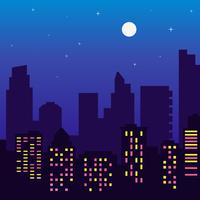 Silhouette de nuit des bâtiments aux fenêtres colorées, pleine lune, étoiles, style cartoon