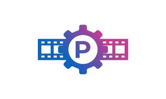 lettre initiale p engrenage roue dentée avec bandes de bobine pellicule pour film film cinéma production studio logo inspiration vecteur