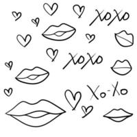 brosse grunge manuscrite lettrage xoxo avec des lèvres d'amour et de femme. vecteur isolé de style doodle