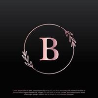 élégant logo floral de cercle de lettre b avec une branche de monogramme de feuille élégante créative et une couleur noire rose. utilisable pour les logos d'affaires, de mode, de cosmétiques, de spa, de science, de médecine et de nature. vecteur